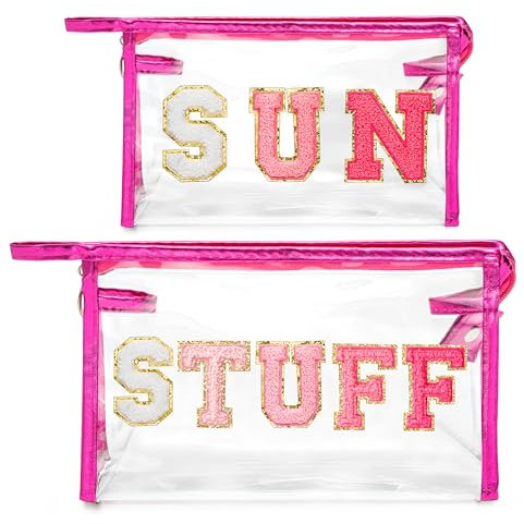 Y1tvei Chenille Brief Makeup Tasche - 2 Stück Varsity Stuff Preppy Patch Tragbare Reise Kosmetiktasche Kulturbeutel Transparent PVC Wasserdicht Kosmetik Bag Reißverschluss für Mädchen Damen(Rosenrot)