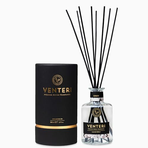 Luxus Raumduft-Set Venteri Grey 200ml - VENTERI Premium Room Fragrance: Holzig-Zitrischer Duft | Made in Germany | Eleganter Glasdiffusor und 8 Stäbchen | Langlebiger natürlicher Raumduft ohne Chemi