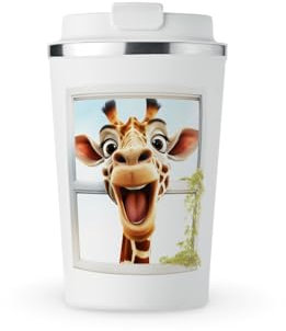 MAXIKIWI - Insulated Double Walled, Leakproof Stainless Steel Mug, Coffee or Tea Travel Tumbler with Lid, Keep Drinks Hot and Cold - Funny Crazy Weird Giraffe - 350ml