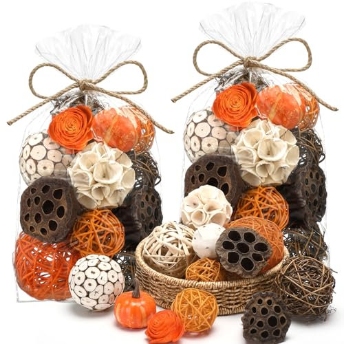 Riceshoot 2 Pack Decorative Balls Potpourri Bowl Filler Decor Natural Vase Bowl Filler Assorted Spherical Rattan Twigs Wicker Balls Cotton for Home Centerpiece(Orange)