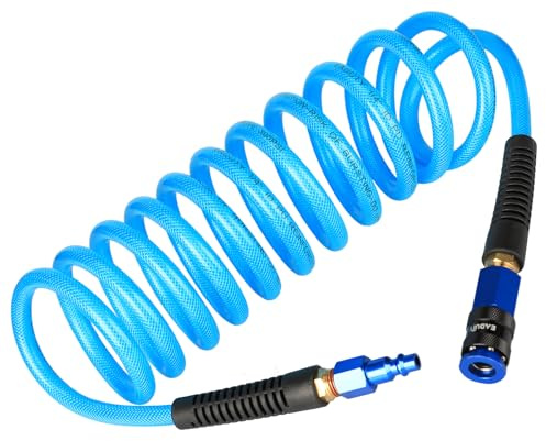 EADUTY Heavy Duty Reinforced Polyurethane Recoil Air Hose 1/4 in x 10 ft, Lightweight, Flexible Compressor Hose with Universal Quick Coupler, Plug and Bend Restrictors, Blue