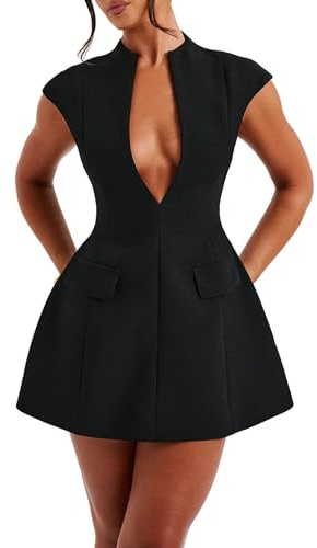 LuFeng Women's Summer Sexy Cap Sleeve Deep V Neck Zipper A-line Mini Dress Hollow Bodycon Night Out Party Dress