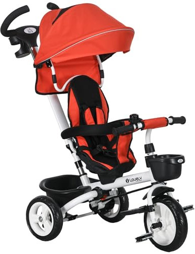 HOMCOM 6 in 1 Trike for Toddler, Baby Push Tricycle Folding Bike with Parent Handle, Reversible Seat, Storage Basket, Canopy, 5-point Safety Harness, for Kids 1-5 Years, Red