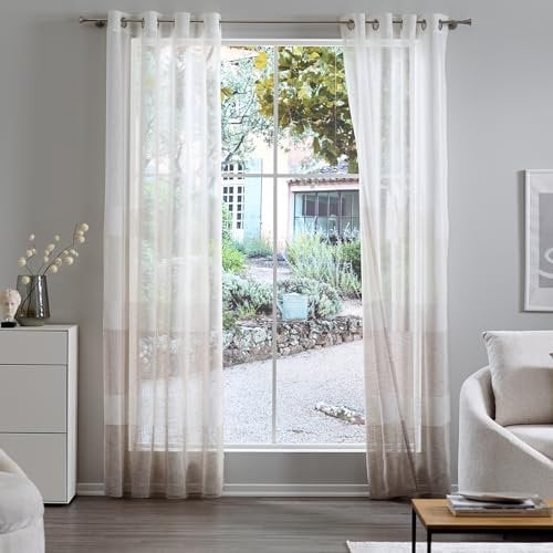 Como Gardinen 2er Set Vorhänge Weiß-Beige gestreift 245 x 140 cm - Transparente, lichtdurchlässige Ösenschals aus Polyester für Wohnzimmer, Kinderzimmer, Schlafzimmer, Büro