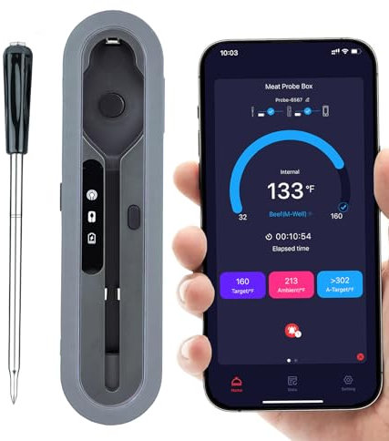 Meat Thermometer Digital with Bluetooth | Long Range, Wireless Smart Food Thermometer with Thin Probe for BBQ Grill Smoker Cooking Oven Rotisserie, iOS & Android App
