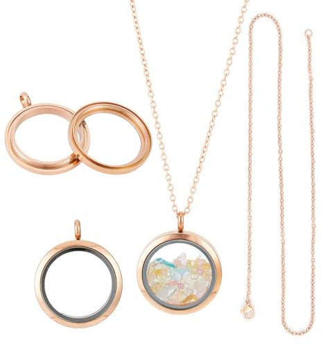 DELORIGIN 4pcs Foto Medaillon Charms Halskette Kettenanhänger Gold Runde Edelstahl Medaillon Anhänger Rahmen Memory Medaillon Charm mit 45cm Kette für Hochzeit Schmuck Making Foto