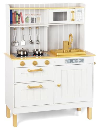 Rosa Hölzerne Kinderküche, Kinderspielküche mit Spüle Herd Backofen, Holzküche Spielzeugküche, Spielküche aus Holz mit Zubehör für Kinder ab 3 Jahren (Golden)