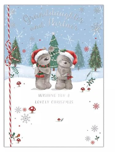 Weihnachtskarte für Enkelin und Partnerin, Schneekugel mit Teddys, 20 x 14 cm