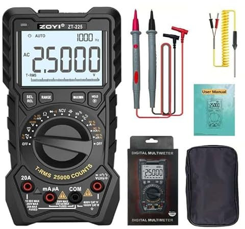 ZOYI ZT-225 Multimetro professionale 25000 conteggi, 20A, True RMS Auto Ranging multimetro digitale, tester elettrico multi tensione, diodo, ciclo di lavoro, temperatura, continuità, NCV