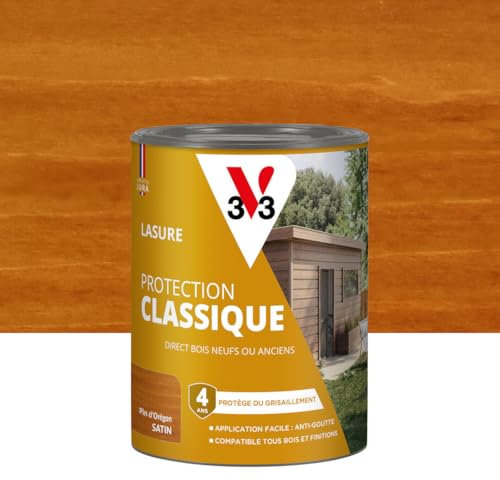 V33 Lasure Bois extérieur Pin d'Orégon - Protection Classique 4 ans - Protège du grisaillement - Direct bois neufs ou anciens - Texture anti-goutte - 0,75L