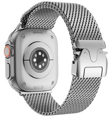 ELETTRONEO BM2 Cinturino per Apple Watch Ultra 2 49mm, Serie 10 46mm, 9 8 7 45mm 41mm, SE 6 5 4 44mm 40mm, 3 2 1 42mm 38mm Originale Maglia Milanese Acciaio Titanio Argento