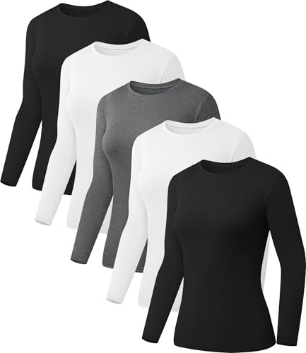Kinglaman 5 Pack Womens Basic Long Sleeve Shirts Crew Neck Slim-Fit Tops