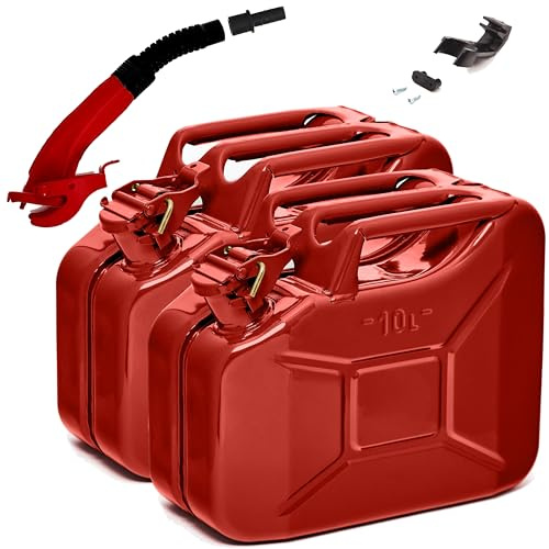 BW® Benzinkanister Metall 2x 10 Liter mit Ausgießer - Kraftstoffkanister Rot - RAL 3000 - TÜV-geprüft und UN-Zulassung - 0,9mm Stahl nach DIN 7274 - Made in Europe