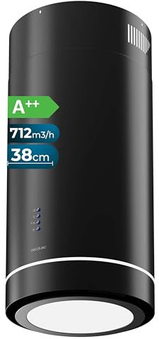 Cecotec Hotte Aspirante 38cm îlot Rond Bolero Flux Ire 388000 Black A++. Finition Noire, Aspiration 800M3/H, Moteur 210W, Commande Electronique, Panneau Led, Filtre à Charbon