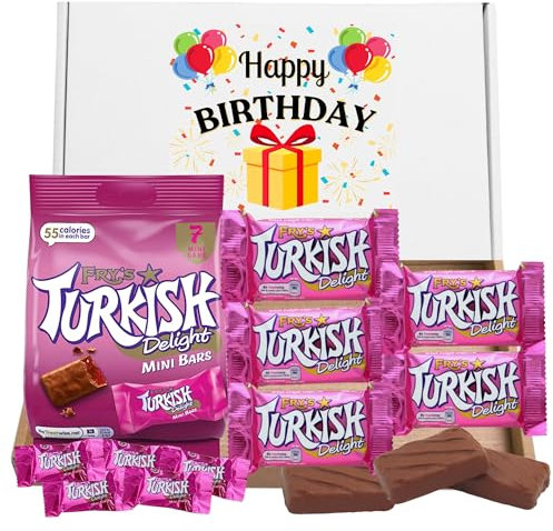 Birthday Chocolate Gifts Turkish Delight Gift Box Bundle With x5 Frys Turkish Delight Chocolate 51g Bars and Frys Turkish Delights Mini Bars 105g in Happy Birthday Chocolate Hamper