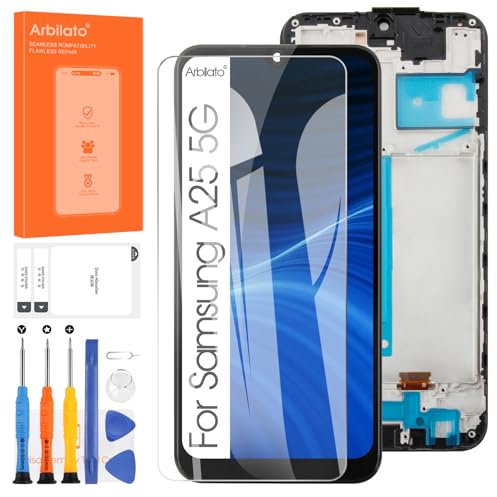 Arbilato Écran LCD pour Samsung Galaxy A25 5G A256B LCD Écran Tactile Digitizer Verre Assemblé Remplacement avec Réparation Kit (Noir avec Cadre)