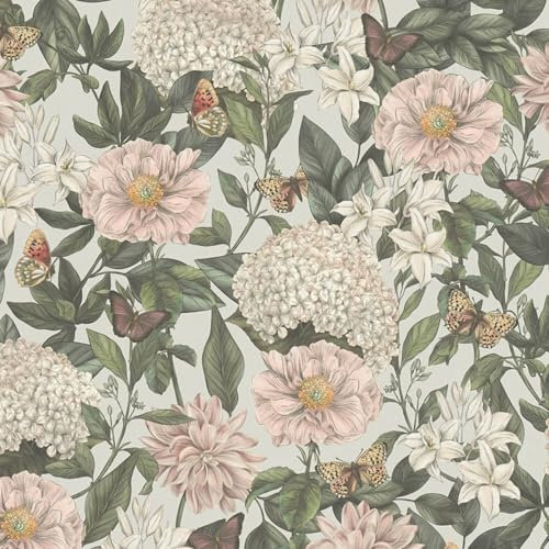 Profhome Floral Wallpaper 394264-GU Non-Woven Wallpaper Grey Dark Green Claret Violet White 0.53 m x 10.05 m / 5.33 sqm