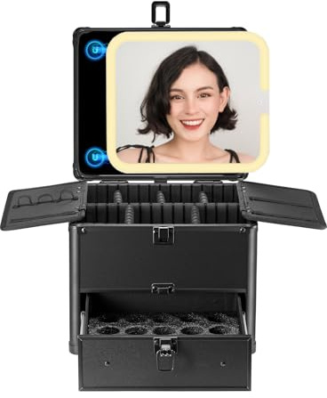 OMIRO Make Up Box mit Schublade und Beleuchtetem Spiegel, Kosmetikkoffer mit Abnehmbarem Magnetspiegel (Schwarz)