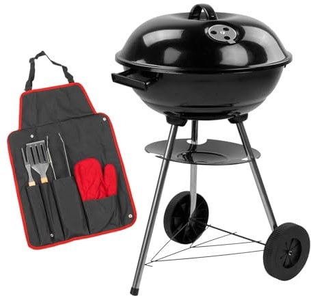 KCT Compact Kettle BBQ with Tool Set, Round Portable Barbecue with Lid & Wheels For Outdoor Cooking