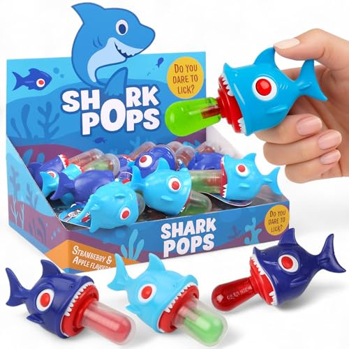MIJOMA Shark Pops – Lutscher im Hai-Design, mit Schutzkappe – Erdbeer & Apfel Geschmack, 12er Box, wiederverschließbar, ideal für Kindergeburtstage, Partys & unterwegs