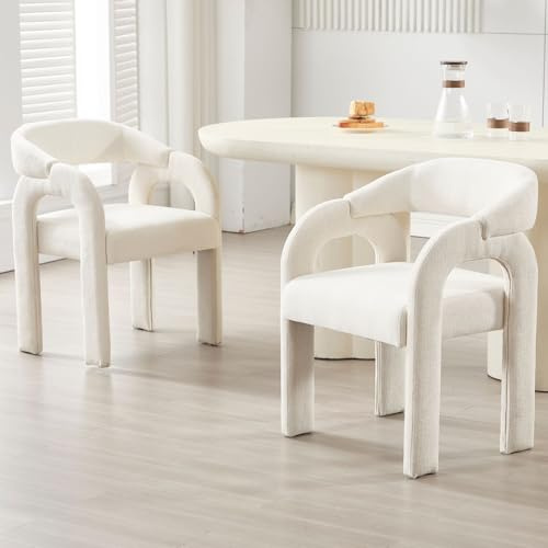 Ya-Home Esszimmerstühle 2er Set, gepolsterter Küchenstühle mit Curved Back Nordic Armlehnstuhl aus Chenille Loungesessel für Esszimmer/Wohnzimmer/Küche, Weiß