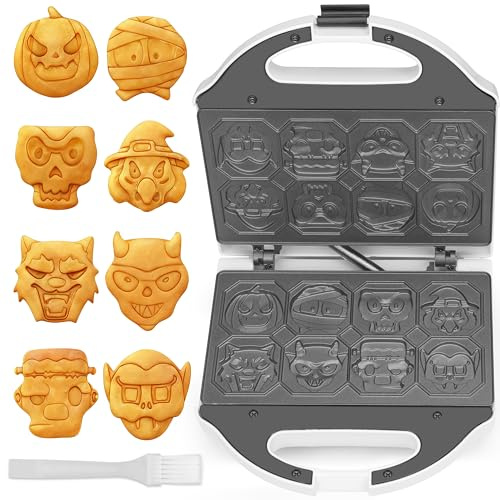SugarWhisk Plancha Waffles Halloween, 8 diseños terroríficos, eléctrica con cara lobo-calabaza, momia, fantasma, bruja, vampiro, decoración cocina, Blanco