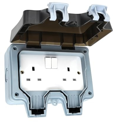 EVERGOODS Outdoor Sockets 13A Waterproof Plug Socket IP66 Double Gang Twin Switched Socket Outside Outdoor Wall Electrical Rated Plug Power Socket Box