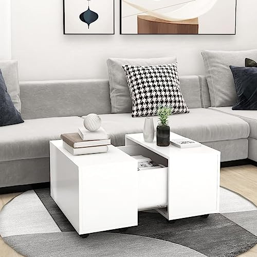 Holamys Couchtisch Weiß 60x60x38 cm, ausziehbarer Holzwerkstoff Beistelltisch mit Rollen, modernes Design, Stauraum für Wohnzimmer, quadratischer Kaffeetisch