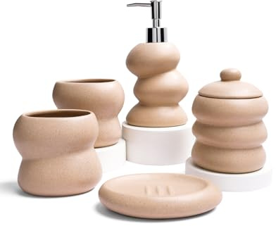 ANTIS'S HOME Keramik Badezimmer Set 5-teilig in Mattbeige mit Sprenkel-Design – Modernes Bad-Accessoires Set mit Seifenspender, Zahnputzbechern, Seifenschale & Wattestäbchenbehälter