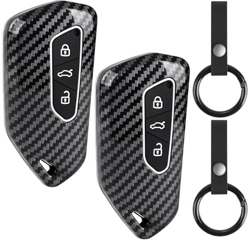 2 Stück Schlüsselhülle für VW Golf 8, VW ID3 ID4 E-Golf ab 12/2019 GTI GTE | 3-Tasten Carbon-Optik Autoschlüsselhülle für Seat Leon MK 4, Kratzfest, Signalstabil Inkl mit 2 Schlüsselanhänger