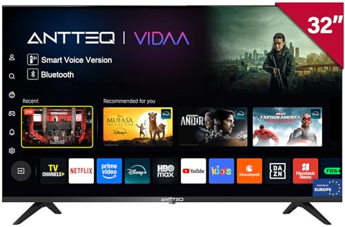 Antteq ViTA Smart TV 32 Pollici Bluetooth (81 cm) con Telecomando Vocale, Vidaa App Store, WiFi, HDMI, Triple Tuner, DAZN/Youtube/Netflix/Prime Video [Classe di efficienza energetica E]