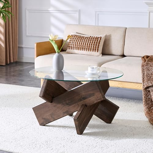 HaoChrymec Table Basse Ronde en MDF + Verre, Design Moderne avec Pieds en Noyer, Surface en Verre Trempé De 0,8cm, Idéale pour Salon, Espace Détente, 79cm De Diamètre, Transparent, Noyer
