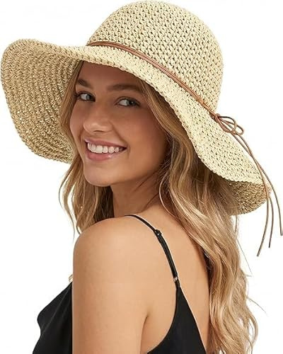EKKONG Chapeau de Paille pour Femme Large Bordure Paille Chapeau de Soleil,Chapeau de Voyage Pliable pour Randonnée Pêche Plage Jardinage (Beige)