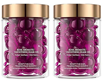 2 PCS Sérum Cheveux en Capsules à l'Huile de Rose (60 Capsules), Huile Cheveux Secs et Abimés Enrichie en Vitamine E pour Réparer et Hydrater, Soin Capillaire Lissant et Brillance Sans Rinçage