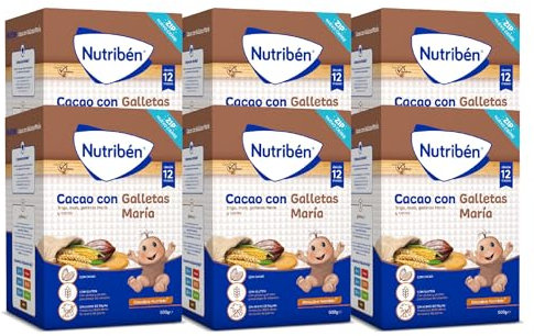 Nutribén Papilla de Cacao con Galletas María, 3000 g, Sin Aceite de Palma, Alimento para Bebés, desde Los 12 Meses, Pack de 6 x 500g