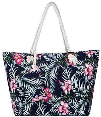DonDon Strandtasche XXL mit Reißverschluss - Umhängetasche Damen, Shopper Tasche Damen im Beach Look mit Schulterriemen - Urlaub Must Haves Beach bag - Sunshine Flower Navy