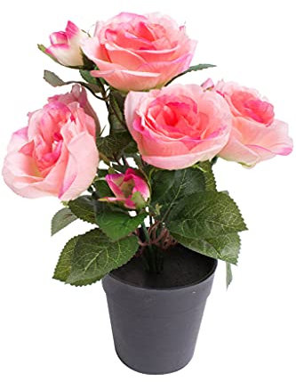 Nova-Nature künstlicher Rosenbusch mit 5 Rosen und 4 Knospen im schwarzen Kunststofftopf (pink)