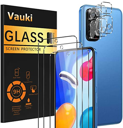 Vauki - Juego de 6 piezas de vidrio templado para Xiaomi Redmi Note 11/Note 11S, 3 cámaras traseras protector y 3 protectores de pantalla para Redmi Note 11 6.43, 9H dureza HD transparente
