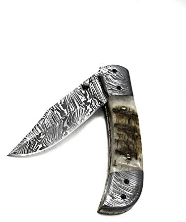 Maru Knives Coltello Artigianale in Acciaio Vero Damasco Manico Vero Montone Coltello Pieghevole Coltello da Collezione-Coltello Tascabile Damasco Coltello Damasco Caccia con Fodero