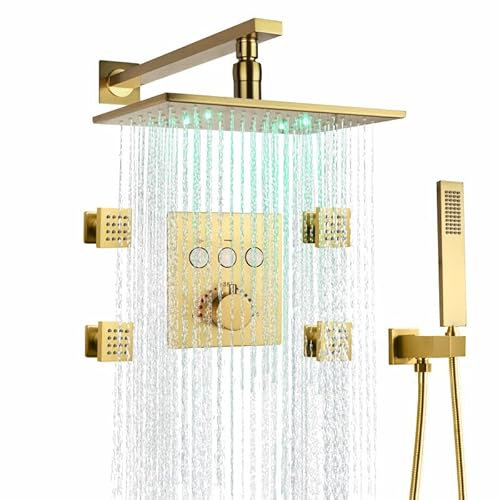 SWHC LED Colonne de Douche Thermostatique Colonne Douche Encastrable Mural Ensemble de Douche Bouton Système de Douche avec Rectangle Tête de Douche, Douchette, Buse de Massage