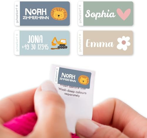 Gutmarkiert – Personalisierte Namensaufkleber für Kinder Kleidung – Langlebige Namensetiketten für Kinder – Personalisierbare Textilaufkleber – einfach anzubringen – 40 Stück 26x10mm – Nature
