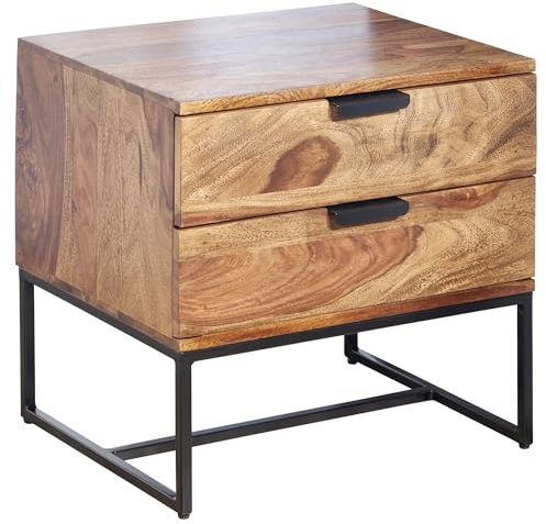 Wohnling Nachttisch Sheesham Massivholz/Metall 50x40x51 cm Nachtschrank Boxspringbett, Design Nachtkonsole mit 2 Schubladen, Nachtkommode Industrial mit Stauraum