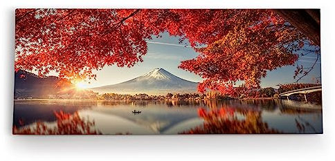 Paul Sinus Wandbild 120x50cm Japan Fuji Berg Baumkrone Herbstblätter Fischerboot