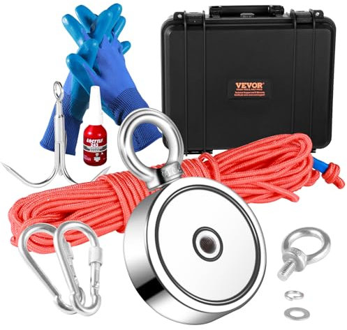 VEVOR Magnet Fishing Kit, 1200lbs Pulling Force Double Sided Magnets, 2.95inch Diameter Magnet with Rope, Grappling Hook, Gloves, Waterproof Case, Threadlocker, Eye Bolt