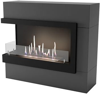 GLOW FIRE Ethanol Kamin Halden MINI linksoffen (Standkamin) - Bioethanol Kaminofen für Indoor mit Holz-Fassade, 3 h Brenndauer, über 2kW Heizleistung, 90 x 80 x 30 cm - Grau