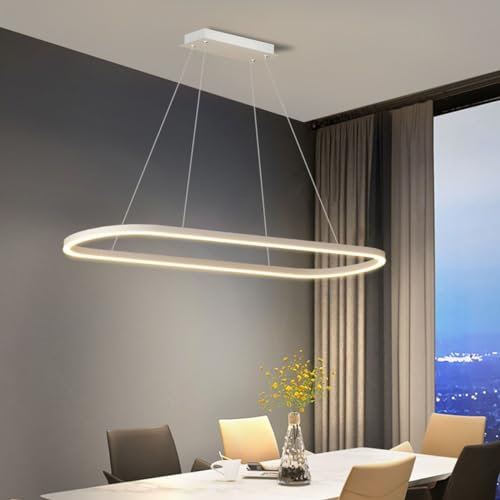 Aleaty LED Esstisch Pendelleuchte Modern Ovales Desig Büro Hängeleuchte dimmbar mit Fernbedienung Pendellampe hoehenverstellbar Deckenlampe für Büro Esstisch Arbeitszimmer (Weiß, L120cm)