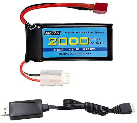 AMZZN 3S Lipo Battery 11.1V 2000mAh 35C with T-Plug and USB Charging Cable for RC Cars,Trucks,RC Ships,RC Drones,Quadcopters,FPV UAV Batteries