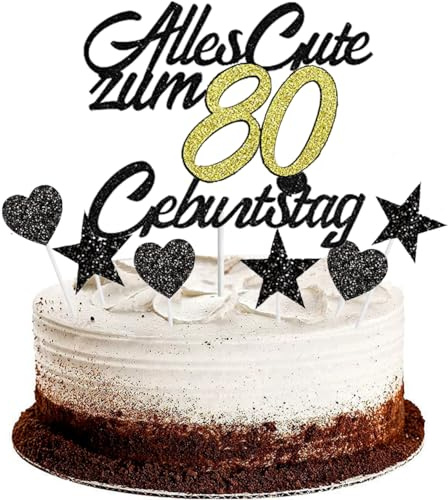 Conruich Tortendeko 80. Geburtstag Mann, Kuchendeko Happy 80th Birthday Schwarz, Glitzer Kuchen Topper 80. Alles Gute Geburtstag Ballons Konfetti für 20 Jahre Geburtstagstorte Deko Frauen Männer
