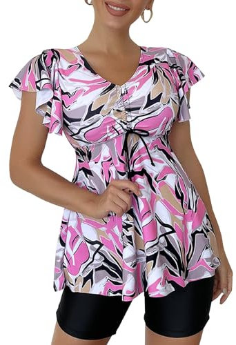 ECUPPER Womens Tankini Swim Dress with Sleeves Modest Two Piece Swimsuits Tummy Control Bathing Suit Floral Printed Swim Tops and Shorts Pink XL