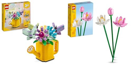 LEGO Creator 3in1 Flowers in Watering Can Toy to Welly Boot to 2 Birds on a Perch & Creator Lotus Flowers Set, Bouquet Building Kit for Girls, Boys and Flower Fans